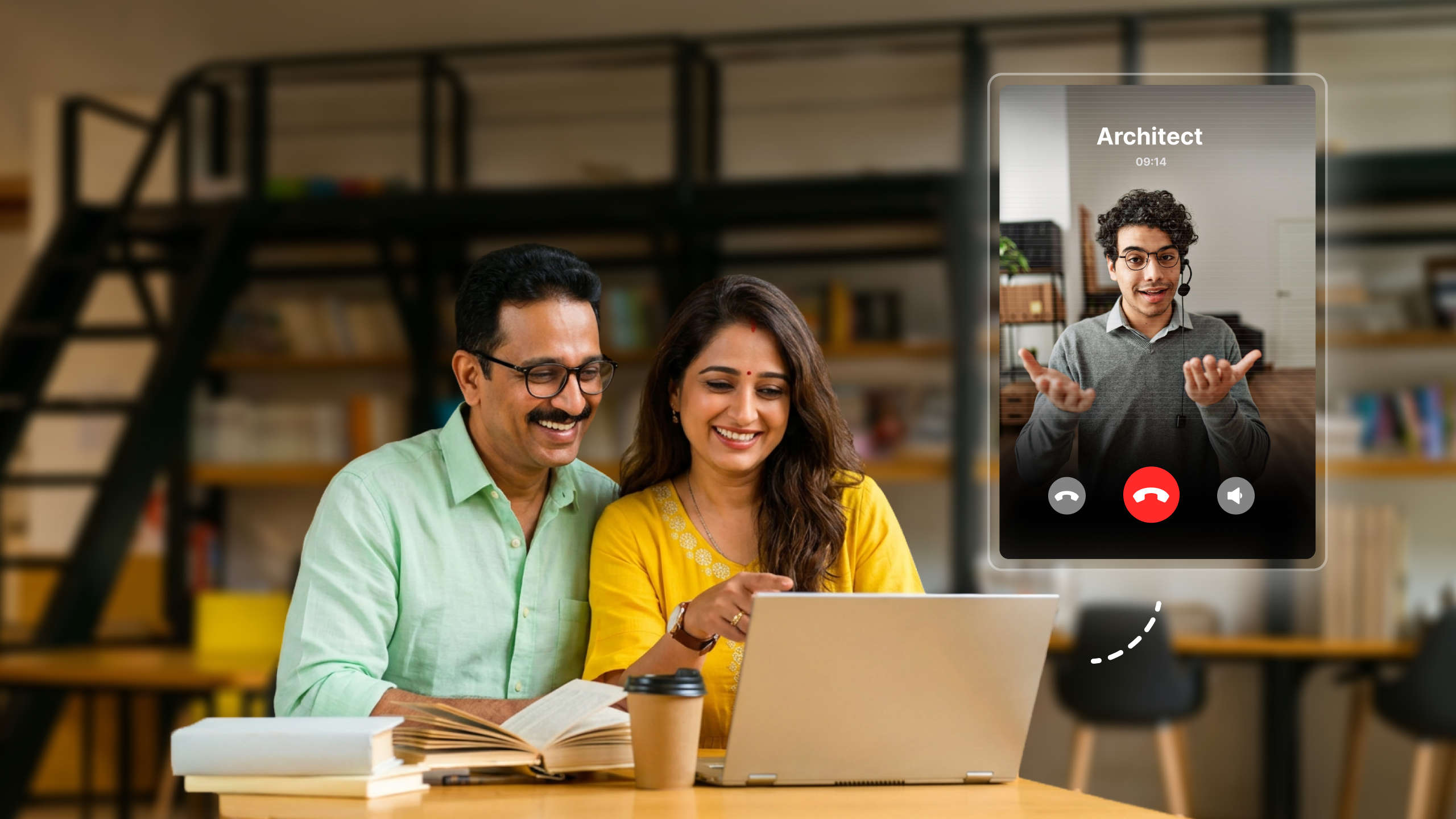 A couple on a video call with their architect