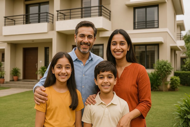 A family standing in front of their new home