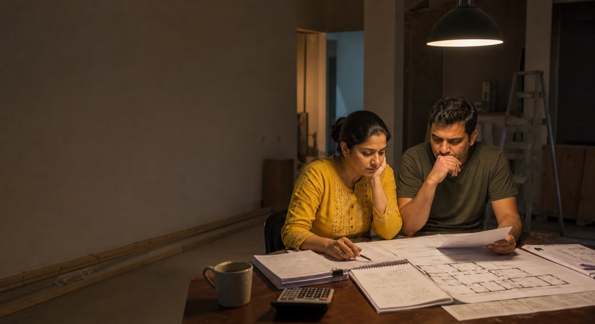 A couple going through floor plans and quotations at home